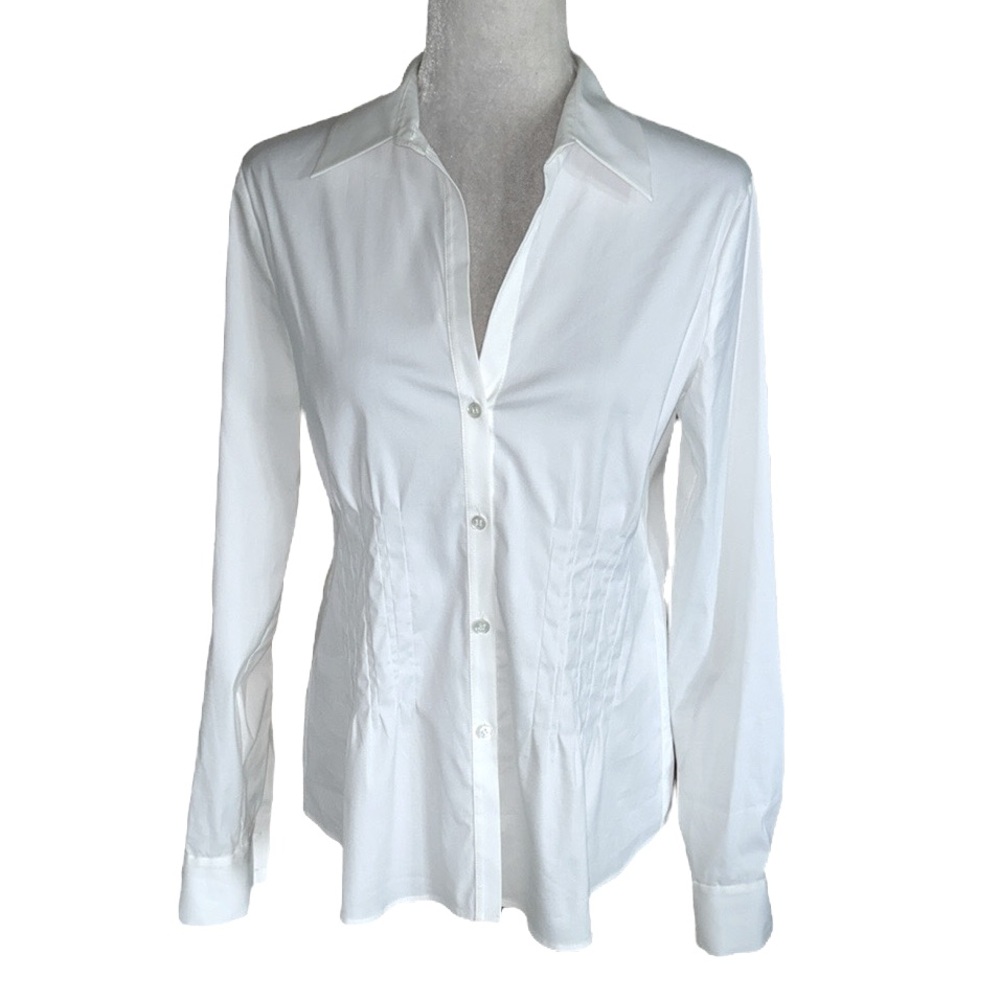 LN Theory Radina White Poplin Pleated Detail Button Down Tailored Blouse - M